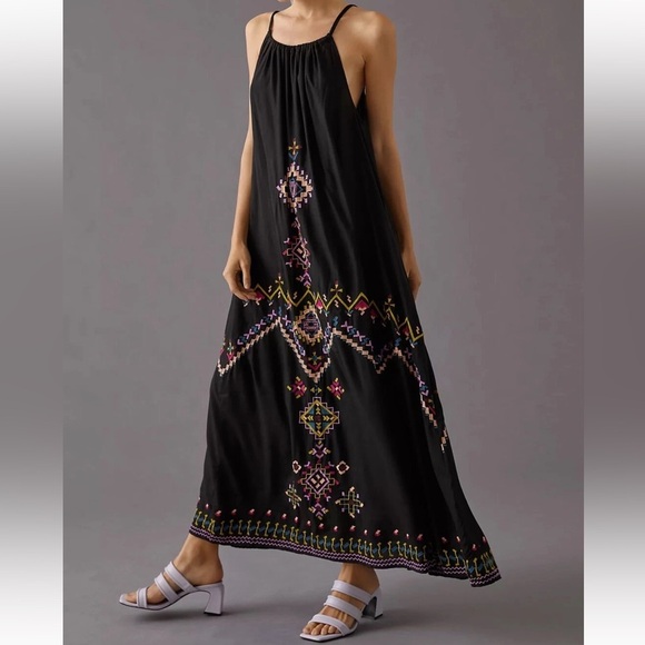 By Anthropologie Embroidered Halter Maxi Dress in Black Size XS - Picture 2 of 10